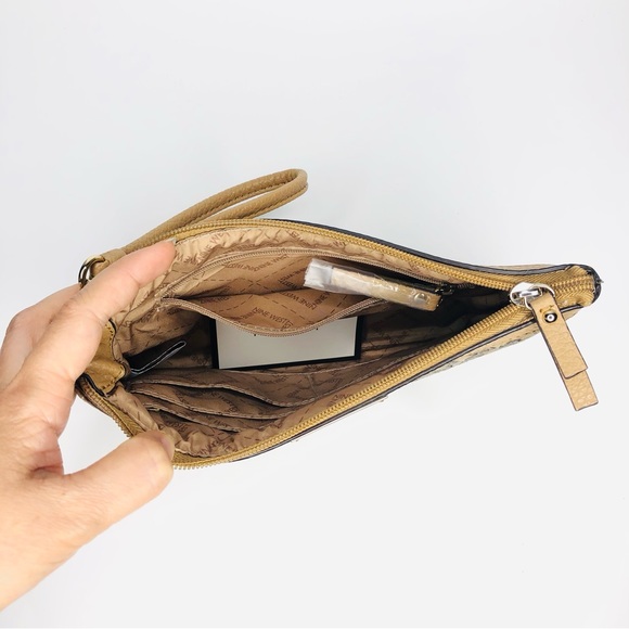 NINE WEST Woven Leather Wristlet Tan Wallet Coins Cards Money Bag Zip Gold Logo - Picture 6 of 6